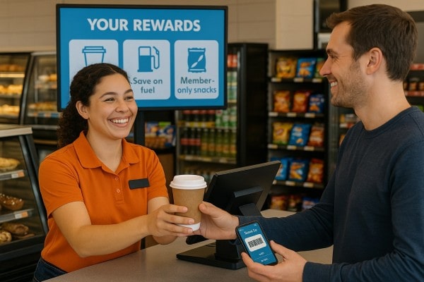 A Man in a Suit Sits at a Checkout Counter in a Grocery Store, Viewing Live Inventory Control Data from Programs for Inventory Management on a Large Monitor. Shelves of Food and Beverages Are Visible in the Background
