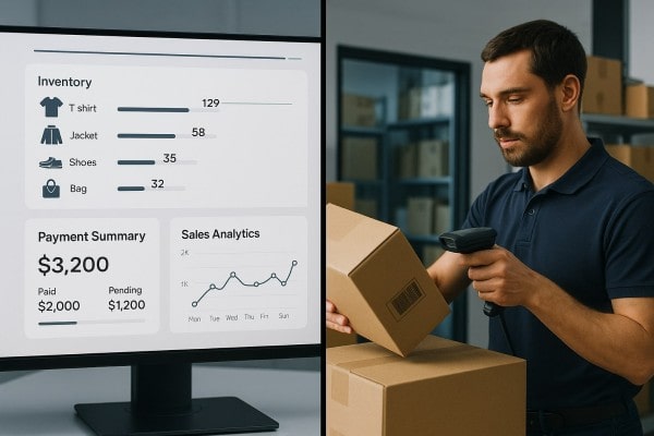 A Person Stands at a Counter Using a Computer Displaying a POS Dashboard with Charts and Lists, Utilizing Programs for Inventory Management. Packs of Chips, Pretzels, and Cardboard Boxes Sit Beside the Monitor in a Convenience Store Setting