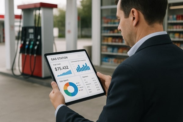 A Man in a Suit Sits at a Checkout Counter in a Grocery Store, Viewing Live Inventory Control Data from Programs for Inventory Management on a Large Monitor. Shelves of Food and Beverages Are Visible in the Background