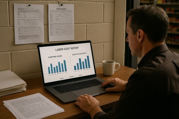 A Person Analyzes a Labor Cost Report on a Laptop, Featuring Bar Graphs for Overtime Hours and Staffing Levels, with a Coffee Mug Nearby