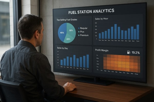 A Person Stands at a Counter Using a Computer Displaying a POS Dashboard with Charts and Lists, Utilizing Programs for Inventory Management. Packs of Chips, Pretzels, and Cardboard Boxes Sit Beside the Monitor in a Convenience Store Setting