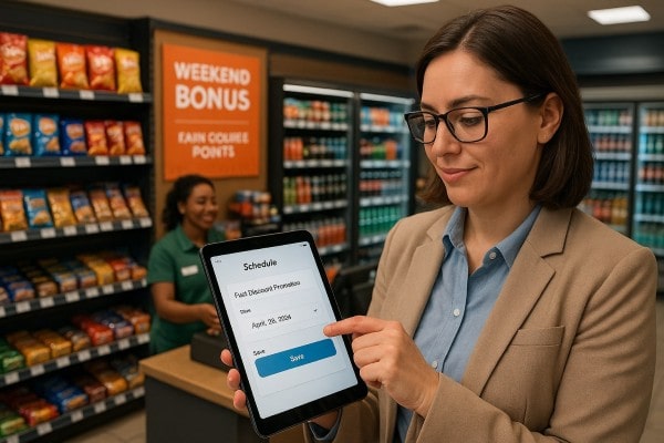 A Person Stands at a Counter Using a Computer Displaying a POS Dashboard with Charts and Lists, Utilizing Programs for Inventory Management. Packs of Chips, Pretzels, and Cardboard Boxes Sit Beside the Monitor in a Convenience Store Setting