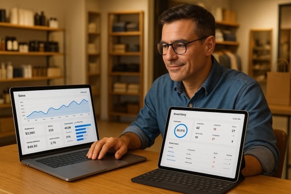 A Man in a Storage Room Scans a Product with a Tablet, Using Programs for Inventory Management, While Standing by a Laptop Displaying Low Stock and Aging Products Alerts. Shelves with Bottles and Boxes Are in the Background