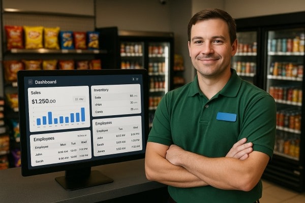 A Man in a Suit Sits at a Checkout Counter in a Grocery Store, Viewing Live Inventory Control Data from Programs for Inventory Management on a Large Monitor. Shelves of Food and Beverages Are Visible in the Background