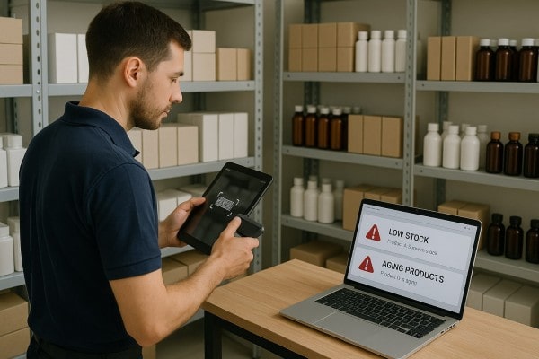 Minimize Errors With Smarter Automation A Man in a Storage Room Scans a Product with a Tablet, Using Programs for Inventory Management, While Standing by a Laptop Displaying Low Stock and Aging Products Alerts. Shelves with Bottles and Boxes Are in the Background