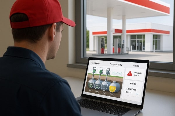 A Man in a Suit Sits at a Checkout Counter in a Grocery Store, Viewing Live Inventory Control Data from Programs for Inventory Management on a Large Monitor. Shelves of Food and Beverages Are Visible in the Background
