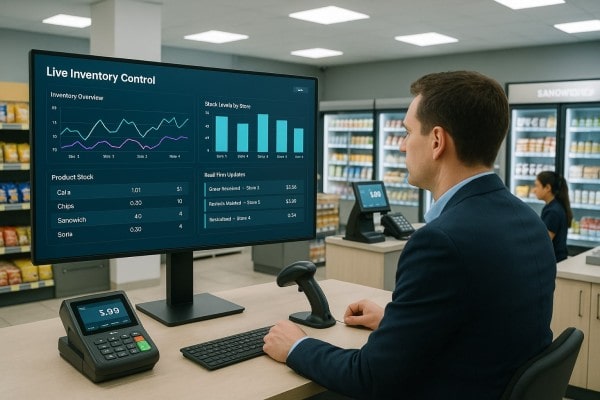 Monitor Stock Levels in Real Time A Man in a Suit Sits at a Checkout Counter in a Grocery Store, Viewing Live Inventory Control Data from Programs for Inventory Management on a Large Monitor. Shelves of Food and Beverages Are Visible in the Background