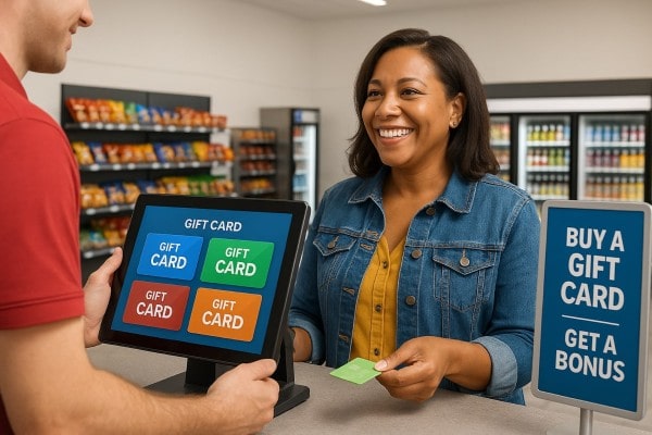A Man in a Suit Sits at a Checkout Counter in a Grocery Store, Viewing Live Inventory Control Data from Programs for Inventory Management on a Large Monitor. Shelves of Food and Beverages Are Visible in the Background
