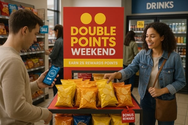 A Person Stands at a Counter Using a Computer Displaying a POS Dashboard with Charts and Lists, Utilizing Programs for Inventory Management. Packs of Chips, Pretzels, and Cardboard Boxes Sit Beside the Monitor in a Convenience Store Setting