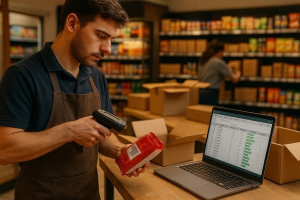A Man in a Storage Room Scans a Product with a Tablet, Using Programs for Inventory Management, While Standing by a Laptop Displaying Low Stock and Aging Products Alerts. Shelves with Bottles and Boxes Are in the Background