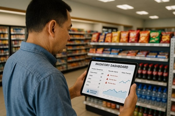 A Man in a Suit Sits at a Checkout Counter in a Grocery Store, Viewing Live Inventory Control Data from Programs for Inventory Management on a Large Monitor. Shelves of Food and Beverages Are Visible in the Background