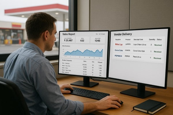 A Person Stands at a Counter Using a Computer Displaying a POS Dashboard with Charts and Lists, Utilizing Programs for Inventory Management. Packs of Chips, Pretzels, and Cardboard Boxes Sit Beside the Monitor in a Convenience Store Setting