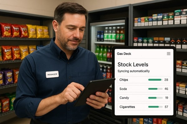 A Man in a Storage Room Scans a Product with a Tablet, Using Programs for Inventory Management, While Standing by a Laptop Displaying Low Stock and Aging Products Alerts. Shelves with Bottles and Boxes Are in the Background