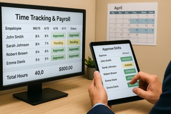 A Person Reviewing Payroll Data on a Desktop Monitor and a Tablet, with Employee Hours and Approval Statuses Displayed