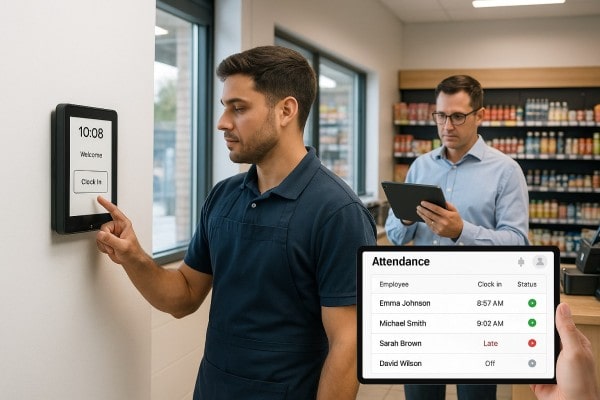 An Employee Interacts with a Digital Clock-In System While Another Uses a Tablet to Track Attendance in a Store Setting