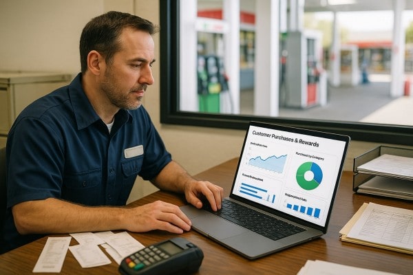 A Man in a Storage Room Scans a Product with a Tablet, Using Programs for Inventory Management, While Standing by a Laptop Displaying Low Stock and Aging Products Alerts. Shelves with Bottles and Boxes Are in the Background