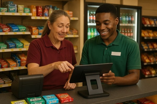 A Person Stands at a Counter Using a Computer Displaying a POS Dashboard with Charts and Lists, Utilizing Programs for Inventory Management. Packs of Chips, Pretzels, and Cardboard Boxes Sit Beside the Monitor in a Convenience Store Setting