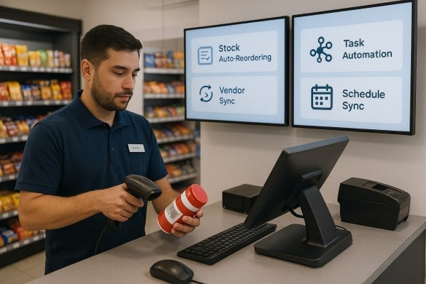 A Person Stands at a Counter Using a Computer Displaying a POS Dashboard with Charts and Lists, Utilizing Programs for Inventory Management. Packs of Chips, Pretzels, and Cardboard Boxes Sit Beside the Monitor in a Convenience Store Setting