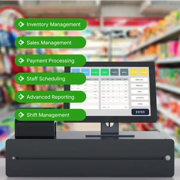 Animated Green Gradient Background Featuring Gear Icons and Symbols for Analytics, Task Management, Inventory, and Reporting, Representing Streamlined Operations and Automation