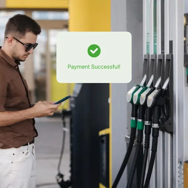 Gas Deck Software Illustration Showing a Gas Station with an Upward Growth Chart and Operational Gears