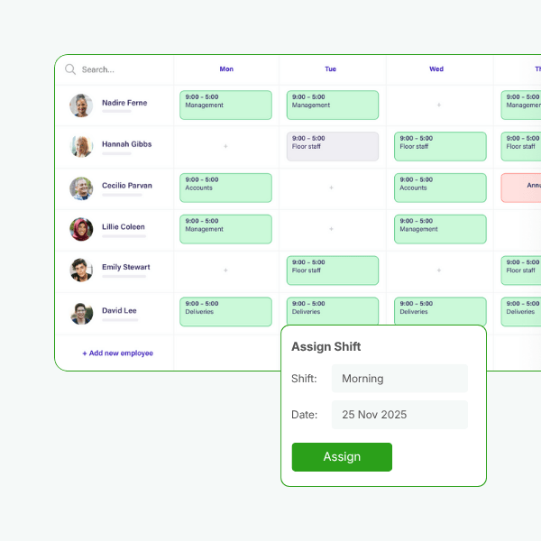 Employee Scheduling Software A Shift Scheduling Interface Displaying Employee Names, Shifts, and Options to Assign Shifts for November 25, 2025
