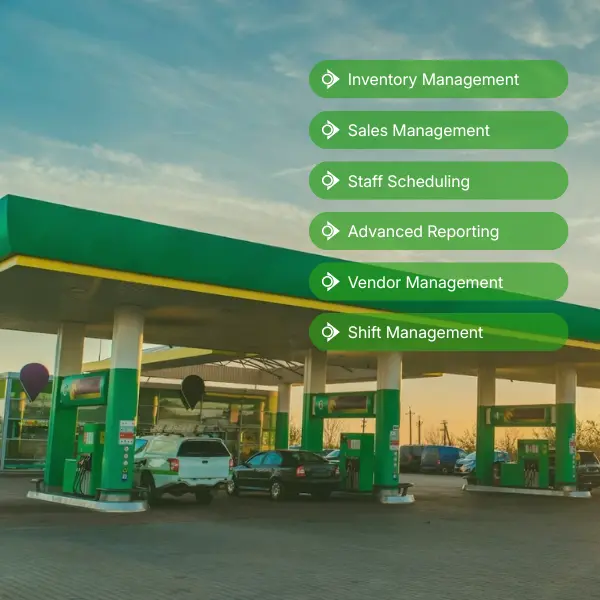 Gas Station Management Gas Deck Software Illustration Showing a Gas Station with an Upward Growth Chart and Operational Gears