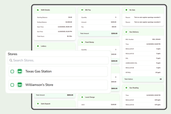 A Dashboard Displaying Shift Details, Bill Payments, and Gas Delivery Information, with Store Selection Options for Transactions