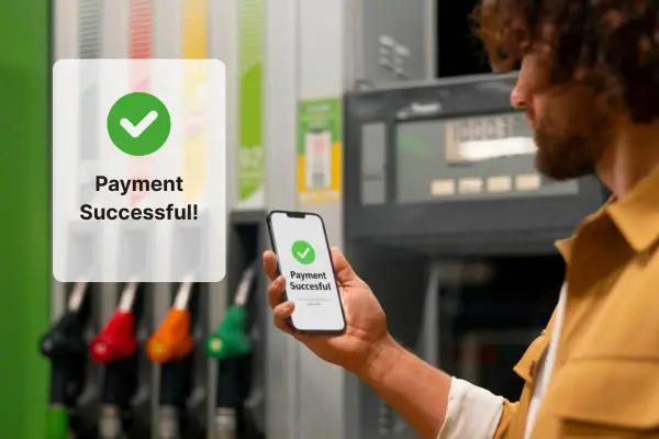 A Person Holds a Smartphone Displaying a "Payment Successful!" Message, Next to a Row of Gas Pumps at a Fueling Station