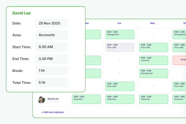 Schedule Details for David Lee on November 25, 2025, in Accounts, with Start and End Times, Break, and Total Hours Displayed