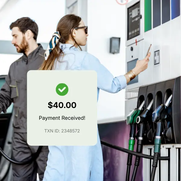 Collect Payment Gas Deck Software Illustration Showing a Gas Station with an Upward Growth Chart and Operational Gears