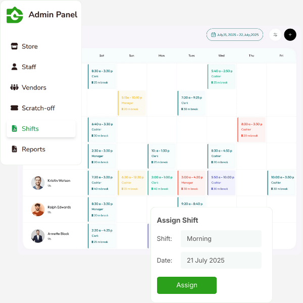 Shift Schedule Software An Admin Panel Interface Displaying a Weekly Shift Schedule and an Assignment Prompt for a Morning Shift on July 21, 2025